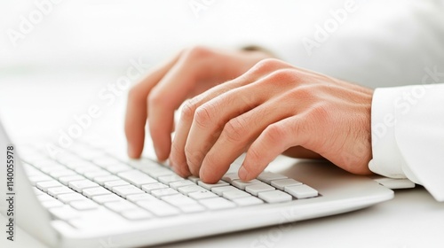 Close-up of caucasian man's hands typing on keyboard in bright office