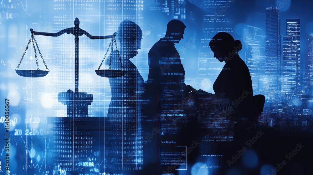 A digital representation of justice and legal concepts with silhouettes of people and scales. A digital representation of justice and legal concepts with silhouettes of people and scales.