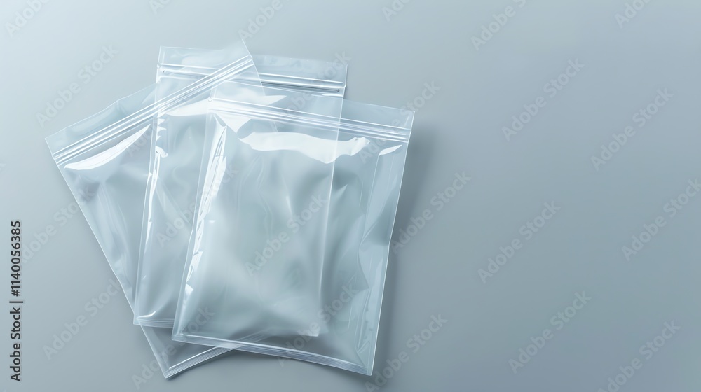 Three clear plastic zippered bags on a gray background. Three clear plastic zippered bags on a gray background.