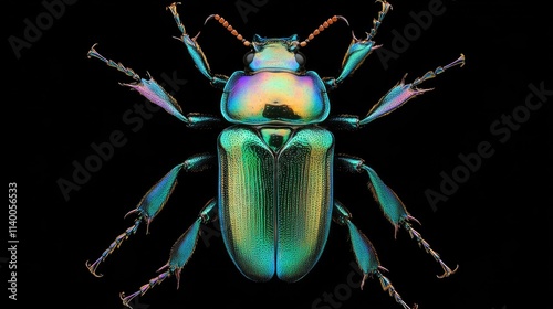 Iridescent Chrysochus auratus dogbane beetle displaying vibrant blue green metallic colors detailed close-up on a black background photo