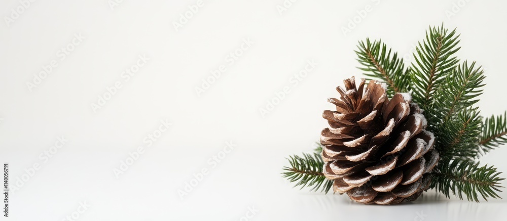 Pine cone and fresh evergreen branches arranged on a clean white background for festive seasonal decor and holiday celebration themes Pine cone and fresh evergreen branches arranged on a clean white background for festive seasonal decor and holiday celebration themes