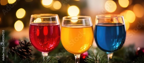 Festive colorful beverages in glasses celebrating the holiday season with vibrant lights in the background photo