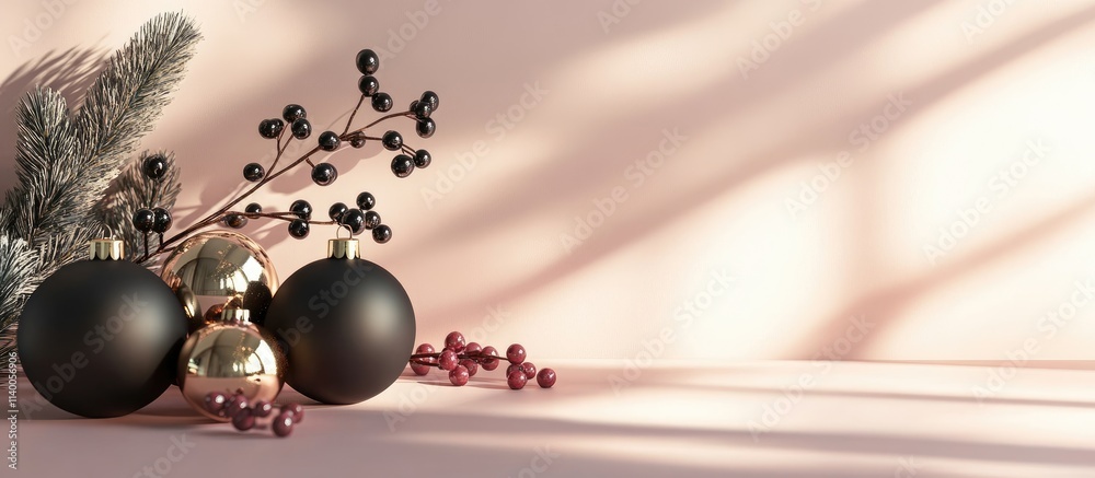 Obraz premium Elegant Christmas decoration featuring black ornaments and golden twig set against a soft pink background with natural sunlight shadows.