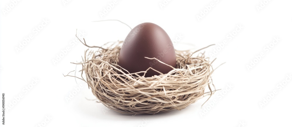 Chocolate egg nestled in a decorative straw nest on a clean white background showcasing Easter theme and seasonal celebration. Chocolate egg nestled in a decorative straw nest on a clean white background showcasing Easter theme and seasonal celebration.