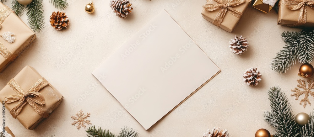 Festive Christmas setting with a blank notebook surrounded by decorations and presents ideal for a Letter to Santa or a holiday shopping list Festive Christmas setting with a blank notebook surrounded by decorations and presents ideal for a Letter to Santa or a holiday shopping list