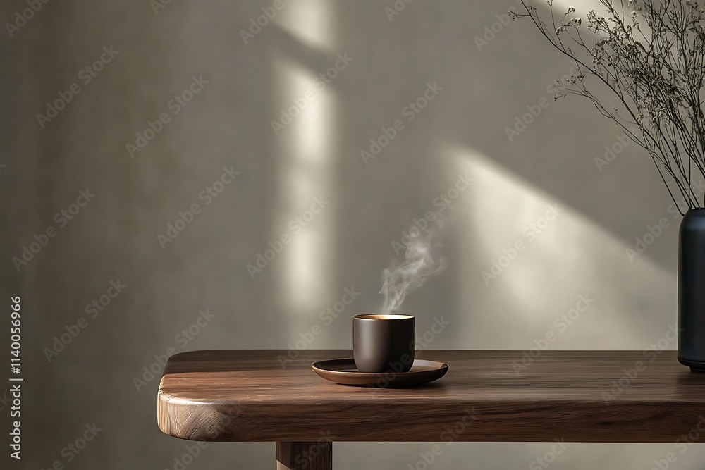 A wooden table with a steaming coffee cup A wooden table with a steaming coffee cup
