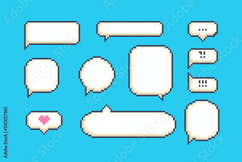 Cartoon Color Pixelated 8 Bit Different Types Dialogue Box Set. Vector illustration of Empty Chat Speech Bubbles
