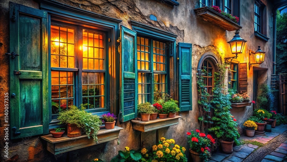 Fototapeta premium Alte Fenster Hauswand - Colorful Architectural Photography