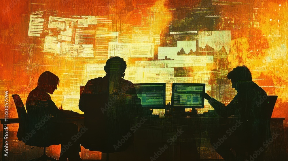 Silhouettes of individuals working on computers against a fiery, abstract background. Silhouettes of individuals working on computers against a fiery, abstract background.