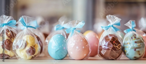 Colorful chocolate Easter eggs in transparent bags with ribbons perfect for holiday gifting and sweet shop displays arranged attractively photo