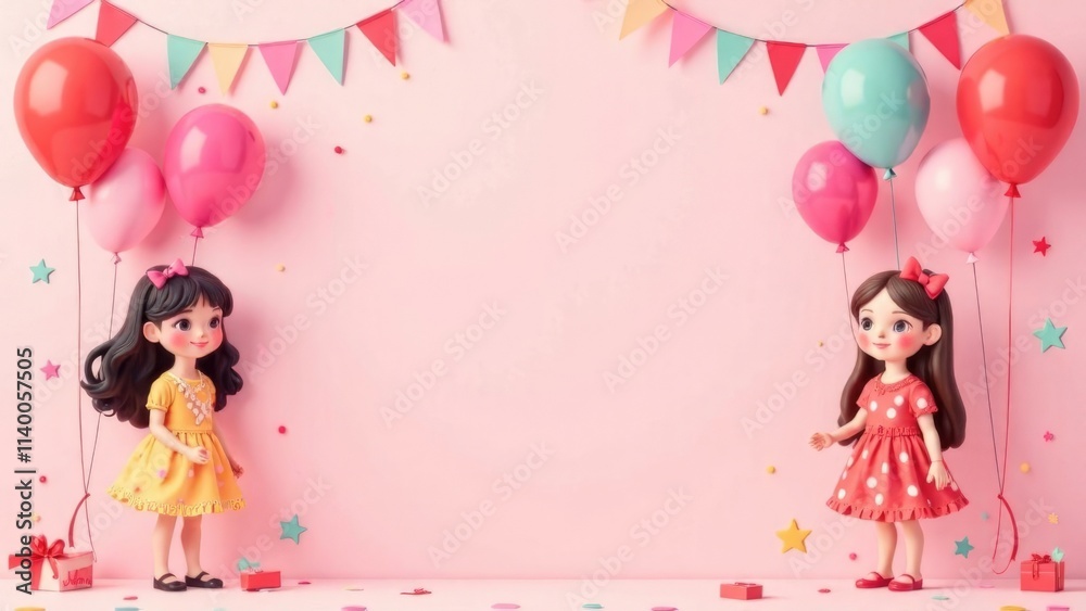 Postcards, frames for girls, balloons, dolls, jewelry, jewelry, happy birthday, pink background, free space in the middle for text Postcards, frames for girls, balloons, dolls, jewelry, jewelry, happy birthday, pink background, free space in the middle for text