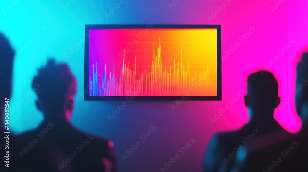 A vibrant display shows a colorful sound wave, with silhouettes of individuals captivated in a modern, immersive setting. A vibrant display shows a colorful sound wave, with silhouettes of individuals captivated in a modern, immersive setting.