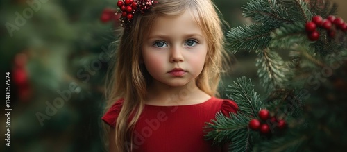 Little girl in a red dress surrounded by pine branches capturing the essence of summer and holiday spirit in a serene woodland setting