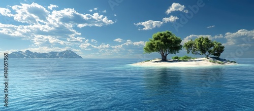 Coastal landscape featuring serene island with lush trees under a vibrant blue sky and calm waters of the ocean in the background