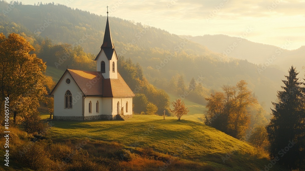 Fototapeta premium Scenic view of a quaint church surrounded by lush hills and autumn foliage in a serene countryside landscape at golden hour.