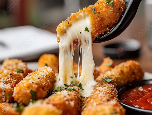 Melting Mozzarella: A close-up shot of crispy, golden-brown mozzarella sticks, with the cheese stretching out in a tempting display