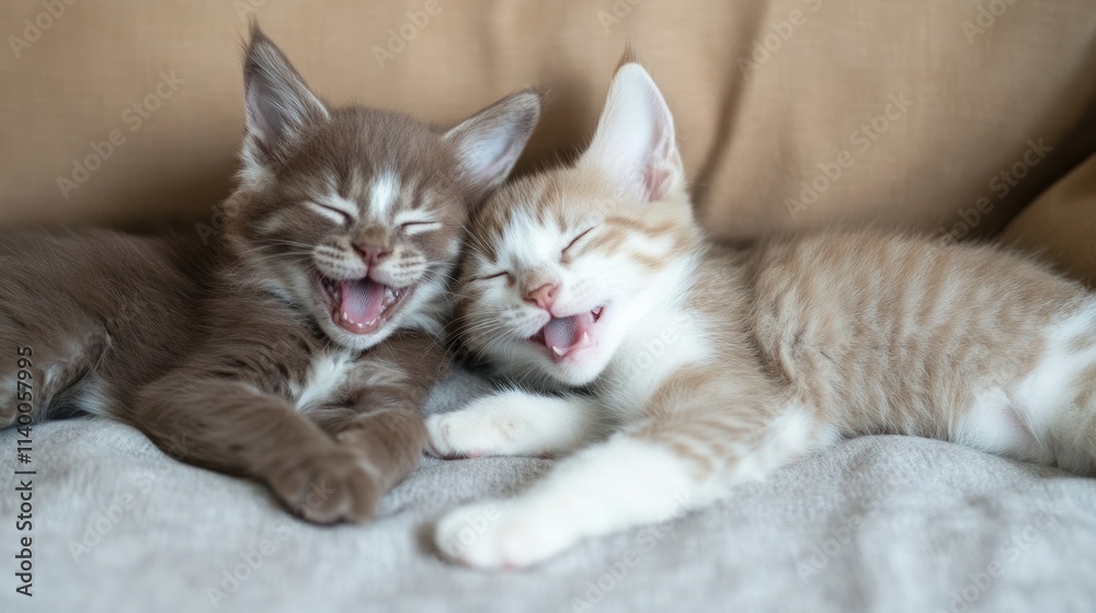 Two playful kittens snuggling and laughing together on a soft surface. Two playful kittens snuggling and laughing together on a soft surface.