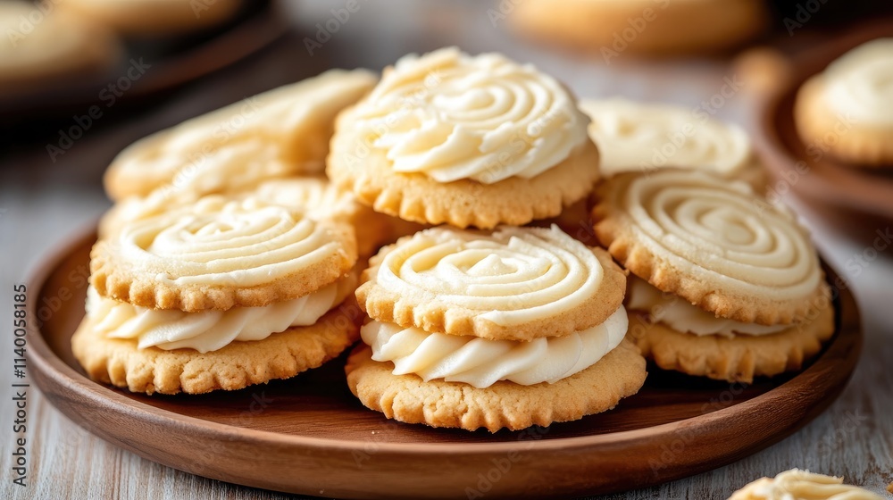 Delicious cream filled cookies elegantly arranged on a wooden plate showcasing detail and texture in a cozy setting Delicious cream filled cookies elegantly arranged on a wooden plate showcasing detail and texture in a cozy setting