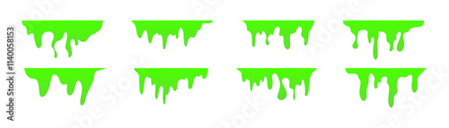 Dripping green goo with splashes and blot effects. Mucus texture blobs. Flat vector illustration isolated on white background.