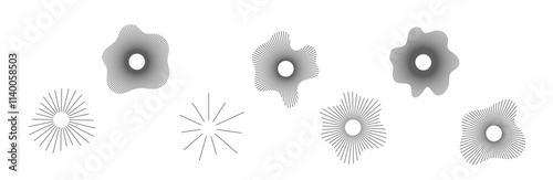 Circular sound waves, depicting audio music, round symbols of voice, icons and logos for equalizers, radial spectrum designs, ring patterns. Flat vector illustrations isolated on white background.