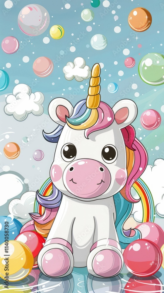 Naklejka premium A cute cartoon unicorn with colorful mane and bubbles in a whimsical background.