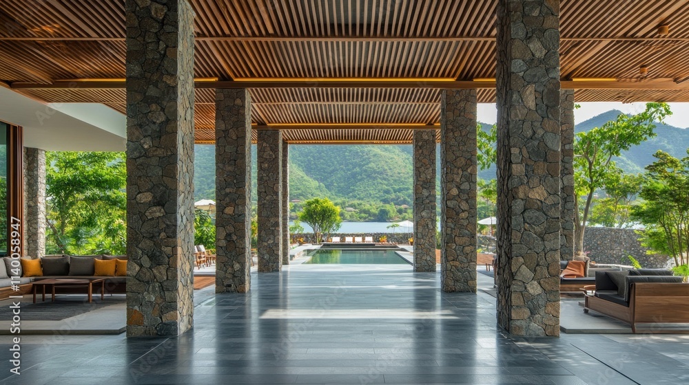 A modern, open space with stone columns, wooden accents, and a view of nature and water. A modern, open space with stone columns, wooden accents, and a view of nature and water.
