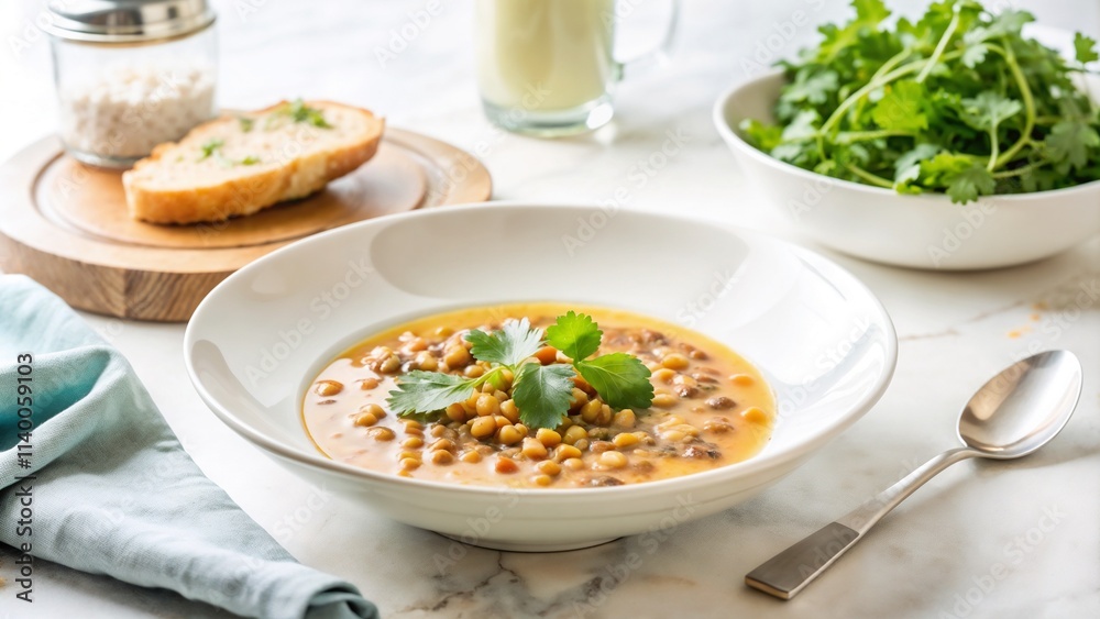 Lentil soup with cilantro in a bowl, served with bread and salad on a marble table, healthy dish
Lentil soup with cilantro in a bowl, served with bread and salad on a marble table, healthy dish