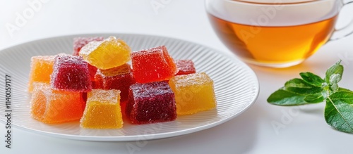 Colorful candied quince jelly served on a white plate with a cup of tea creating a refreshing and vibrant dessert scene