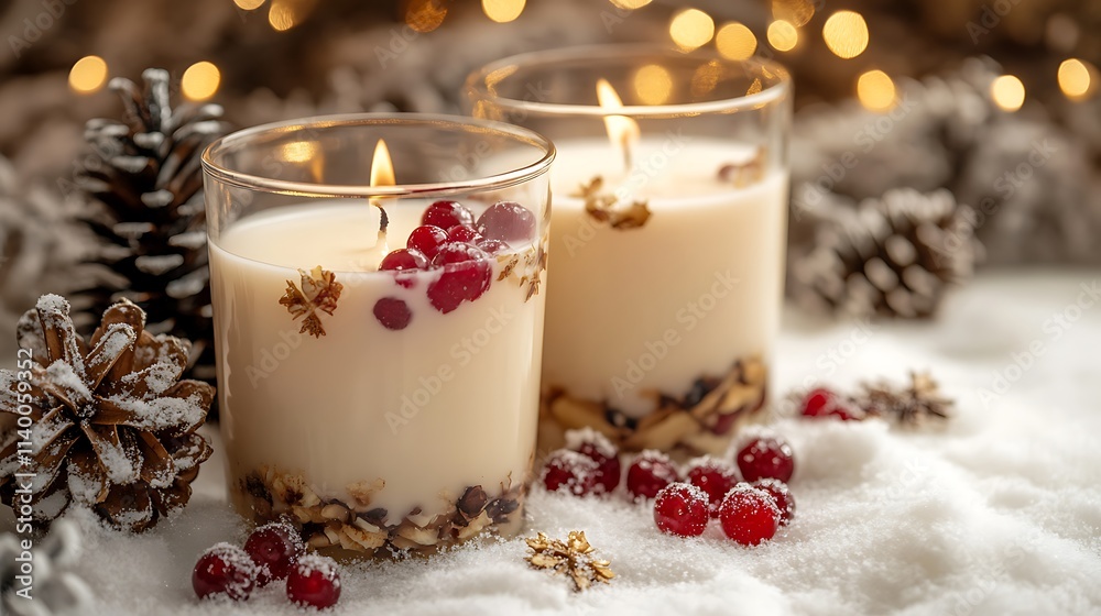 Holiday Candles with Pinecones and Red Berries on Wooden Shelf Holiday Candles with Pinecones and Red Berries on Wooden Shelf