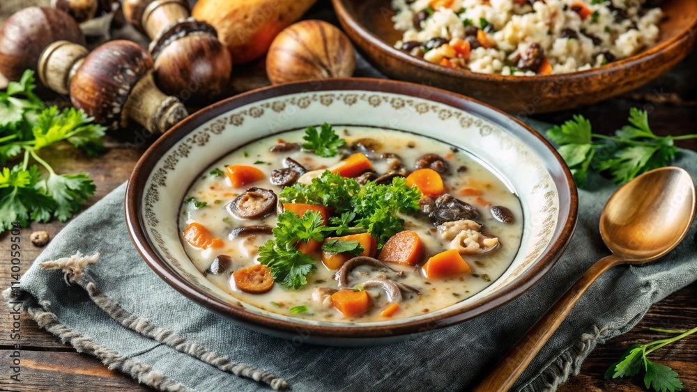 Wild rice soup with fresh parsley and mushrooms served in bowl on rustic table
Wild rice soup with fresh parsley and mushrooms served in bowl on rustic table