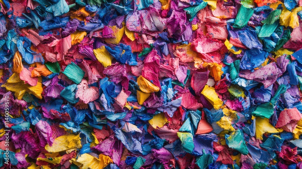 Fototapeta premium Colorful crayon shavings scattered on a vibrant background showcasing artistic creativity and texture for creative projects and backgrounds.