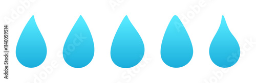 Blue water droplet icon. Falling rain liquid drops set. Flat vector illustration isolated on white background.