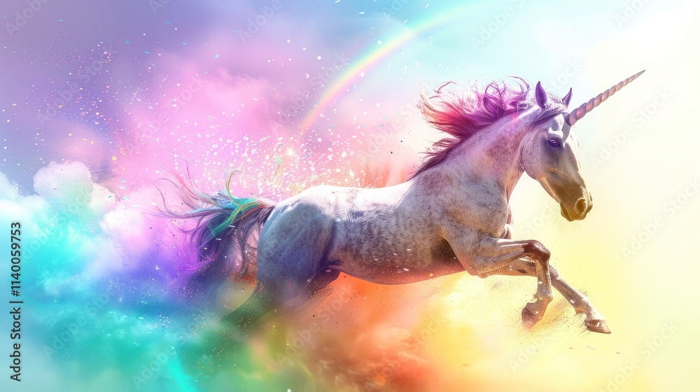Magical Unicorn Leaping Through Rainbow Clouds Magical Unicorn Leaping Through Rainbow Clouds