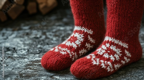 Cozy red knitted socks with white patterns on a textured surface ideal for winter holidays and festive warmth photo