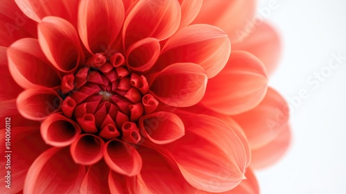 Close-up of a vibrant red flower with intricate petals against a soft white background highlighting its natural beauty and detail.