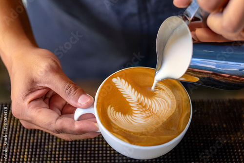 Hacer café con leche, crema, espumoso, dibujo, arte, cafetería, cafetero