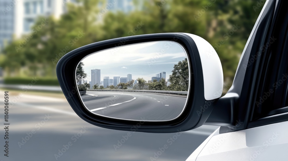 Reflective surface of a car side mirror shows a rapidly passing city skyline, emphasizing motion and speed during traveling Reflective surface of a car side mirror shows a rapidly passing city skyline, emphasizing motion and speed during traveling
