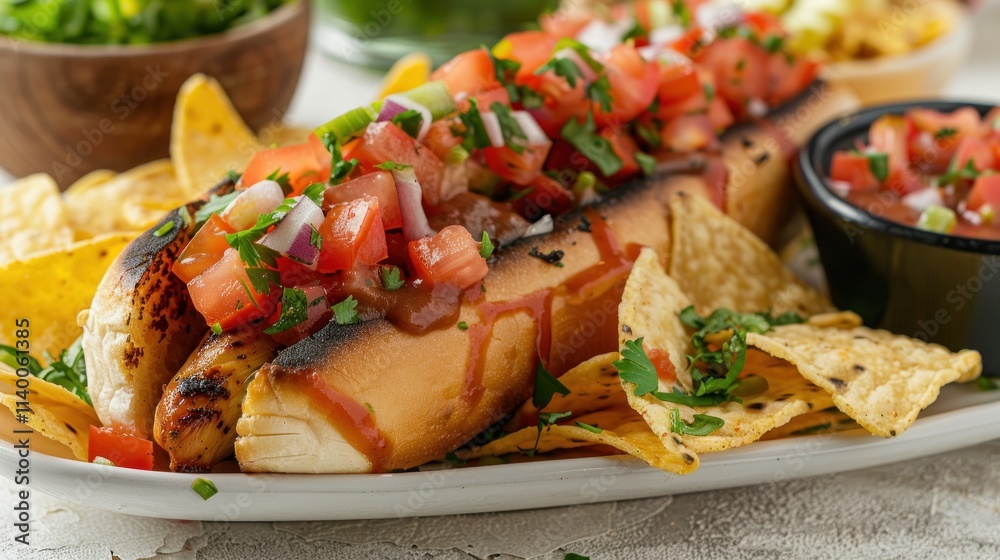 Grilled Hot Dog with Salsa and Tortilla Chips Grilled Hot Dog with Salsa and Tortilla Chips