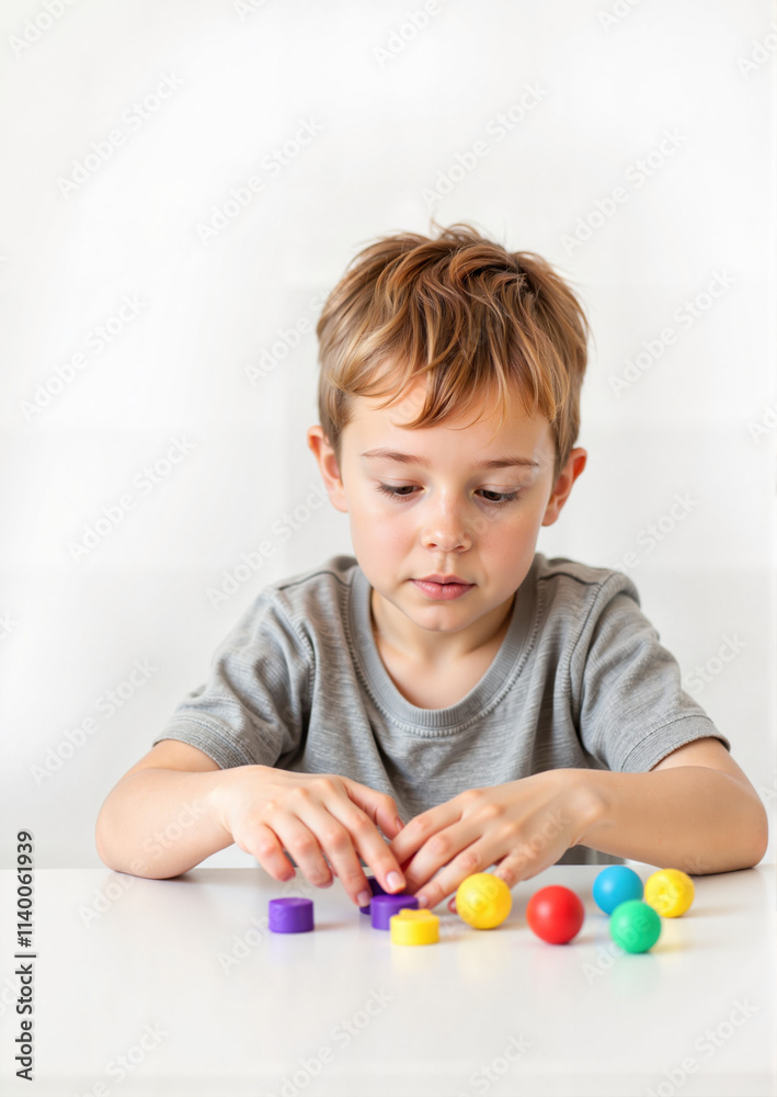 Young boy playing with colorful toys on a white table