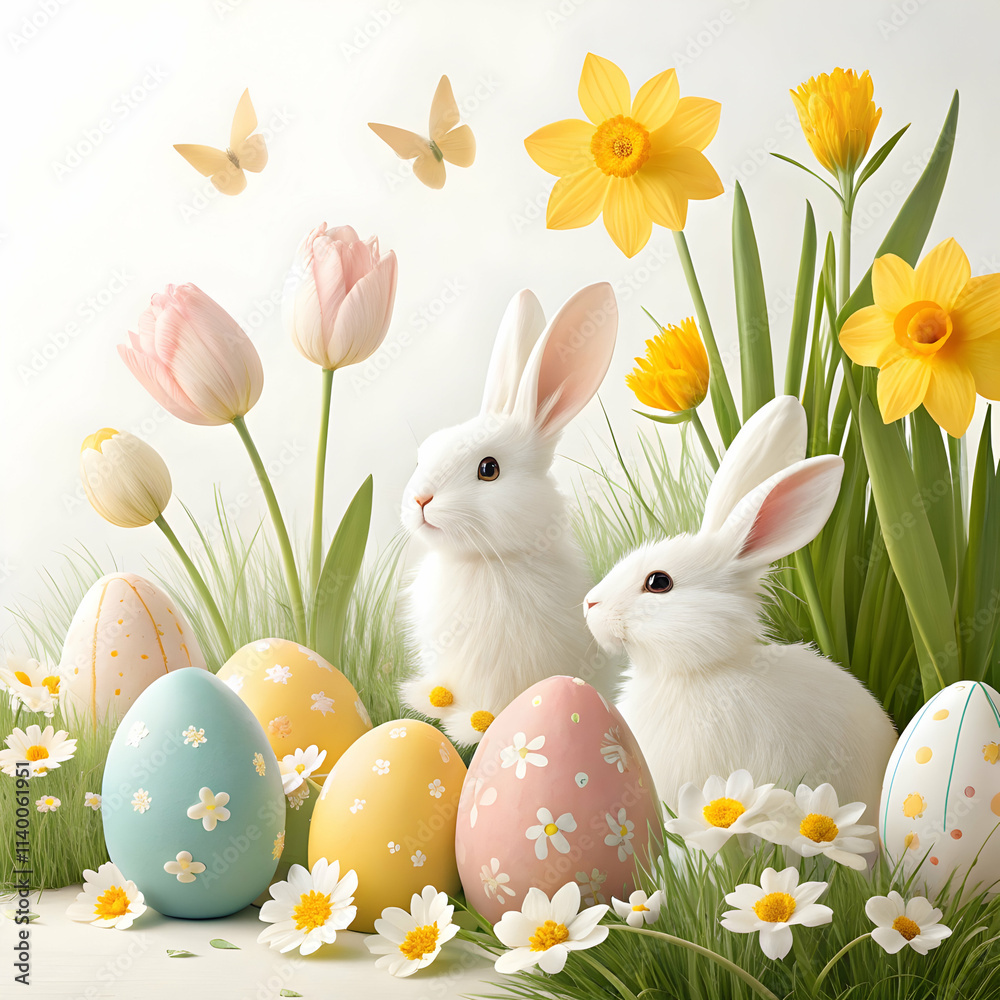 Fototapeta premium Happy easter with cute bunny hug eggs with spring flowers around in pastel watercolor style