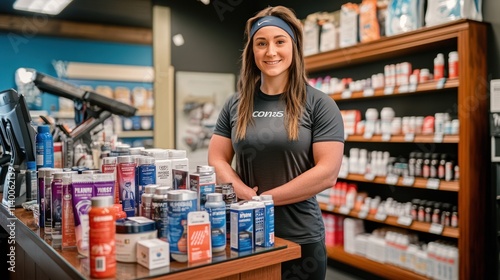 A fitness enthusiast stands behind a display of health and wellness products in a store.