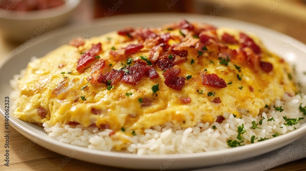 Savory Creamy Omelet Topped with Crispy Bacon and Melted Cheese Served Over Fluffy Rice on a Elegant Plate Savory Creamy Omelet Topped with Crispy Bacon and Melted Cheese Served Over Fluffy Rice on a Elegant Plate
