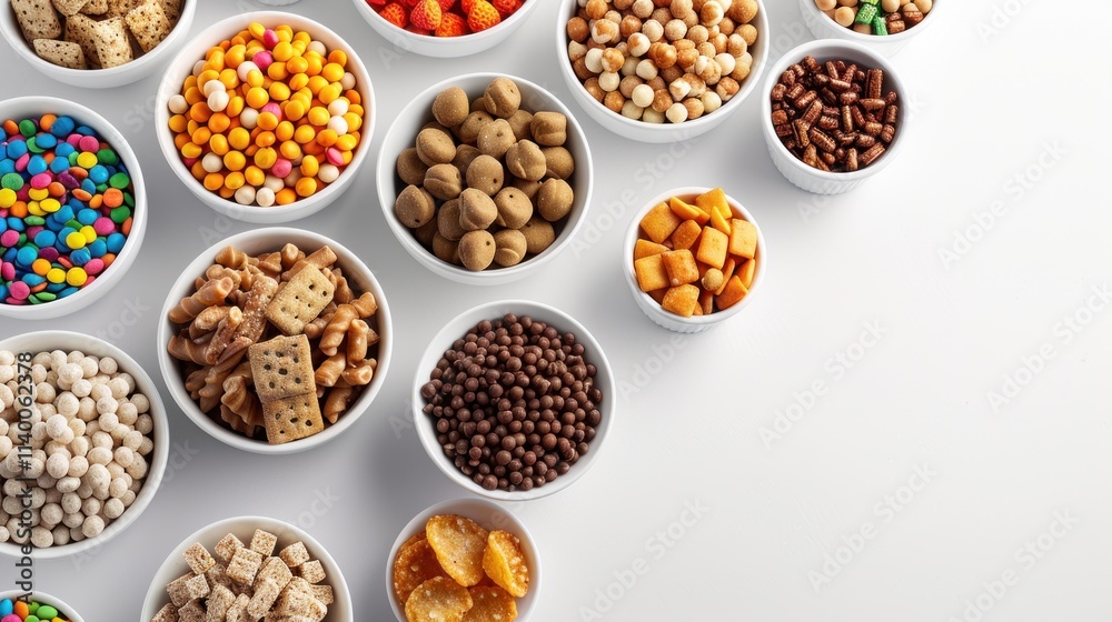 Variety of snacks in small white bowls on a white background. Variety of snacks in small white bowls on a white background.
