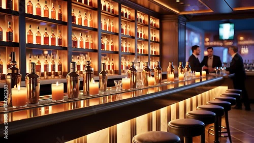 Modern Luxury Bar Interior with Warm Lighting, Liquor Bottles, Bar Stools, and People in Conversation

 photo