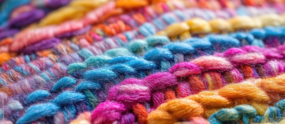 Abstract close-up of a vibrant textured fabric showcasing intricate patterns created from various colorful yarn strands. Abstract close-up of a vibrant textured fabric showcasing intricate patterns created from various colorful yarn strands.