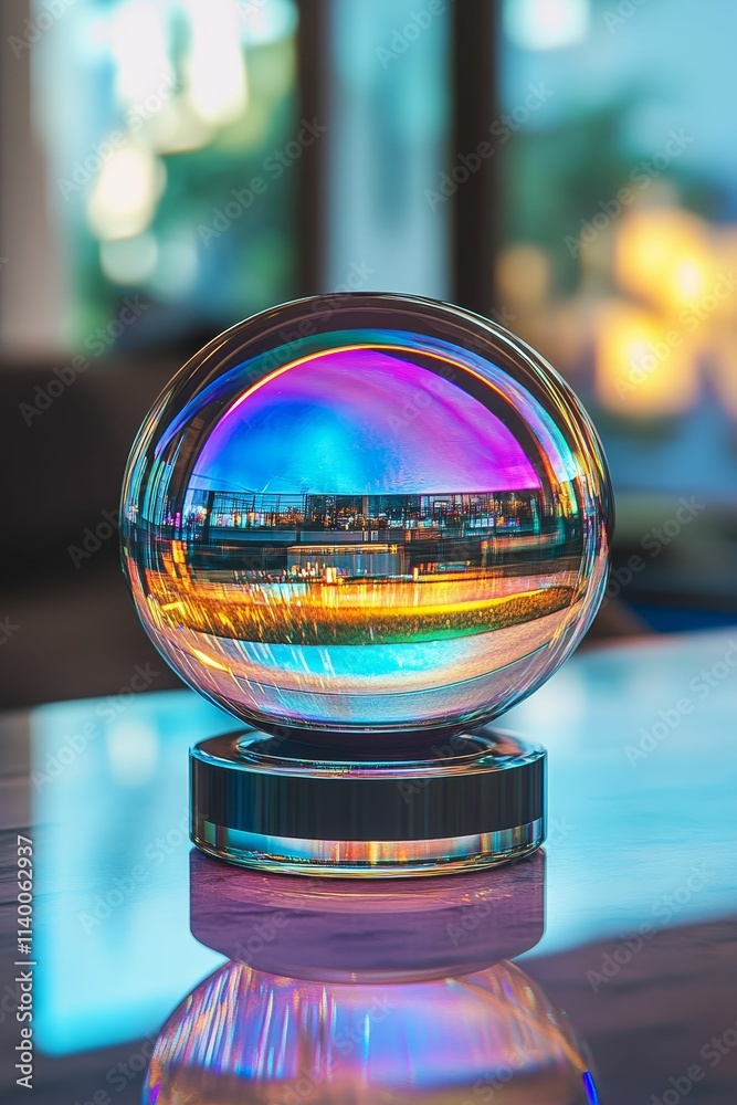 Iridescent sphere reflects blurry cityscape, sits on base. Iridescent sphere reflects blurry cityscape, sits on base.