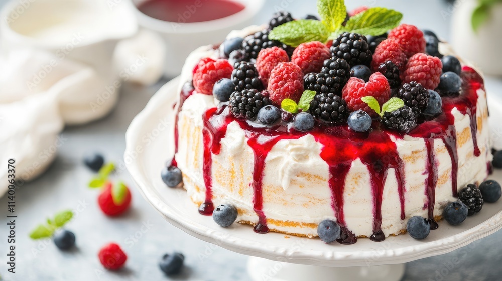 Crape Cake Topped with Fresh Mixed Berries and Drizzled Berry Sauce on Elegant Stand