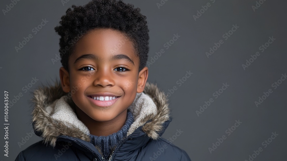 Young Boy Portrait in Fluffy Hooded Down Jacket Smiling Brightly Young Boy Portrait in Fluffy Hooded Down Jacket Smiling Brightly