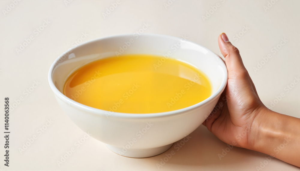 Hand holding white bowl filled with yellow soup on beige background Hand holding white bowl filled with yellow soup on beige background