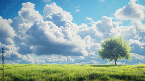 Serene landscape of a sunny savanna with lush green grass beneath a vibrant, cloud-filled sky